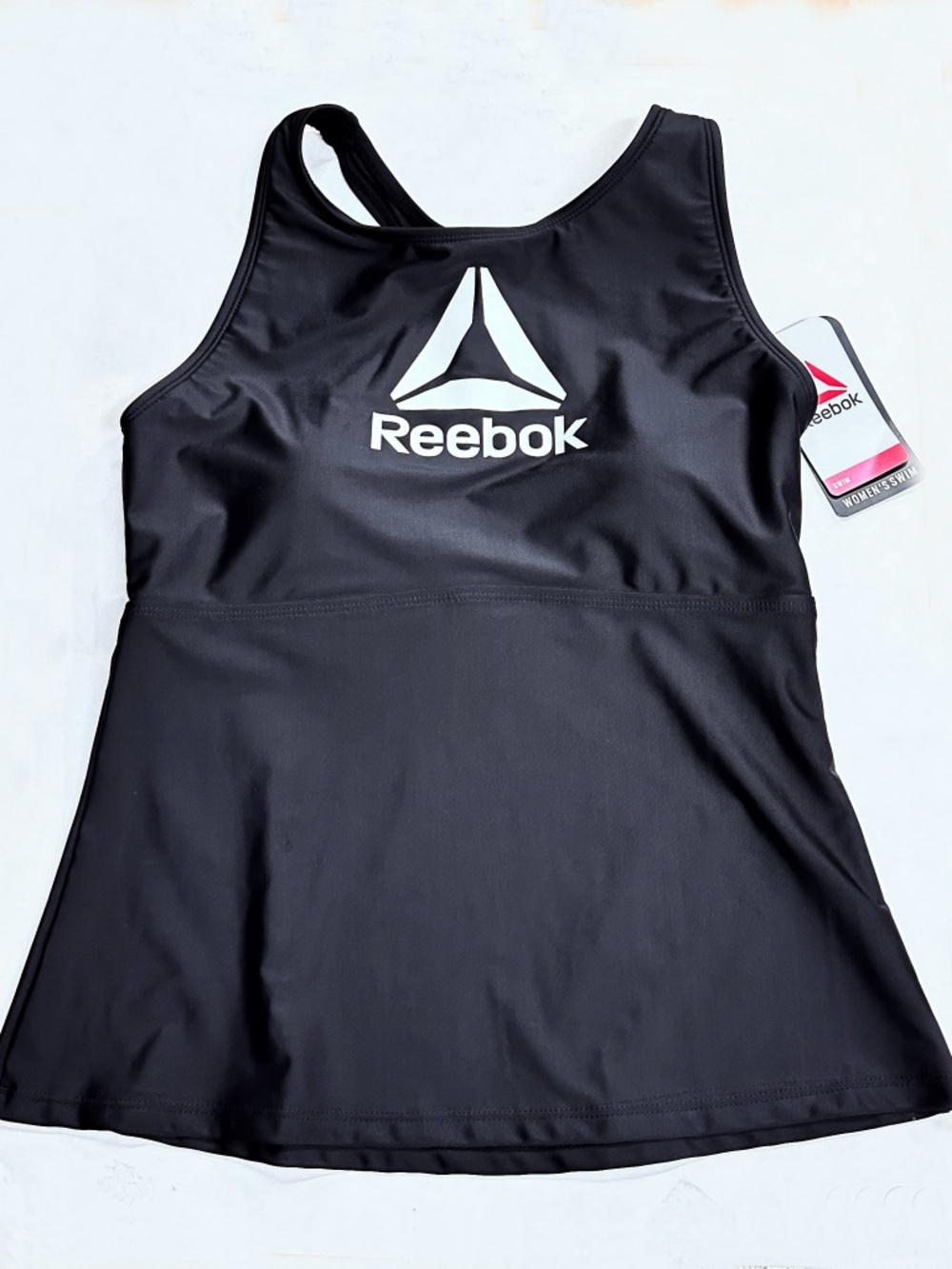 NWT REEBOK Women's Size M Logo Black Solid Tankini Swim Top Stretch Strappy Back